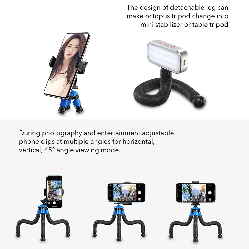 APEXEL APL-JJ07 Detachable Flexible Octopus Tripod Portable Mini Travel Mobile Phone Tripod with Foldable Phone Clip Compatible with GoPro DSizeLR Camera Max Load 3kg