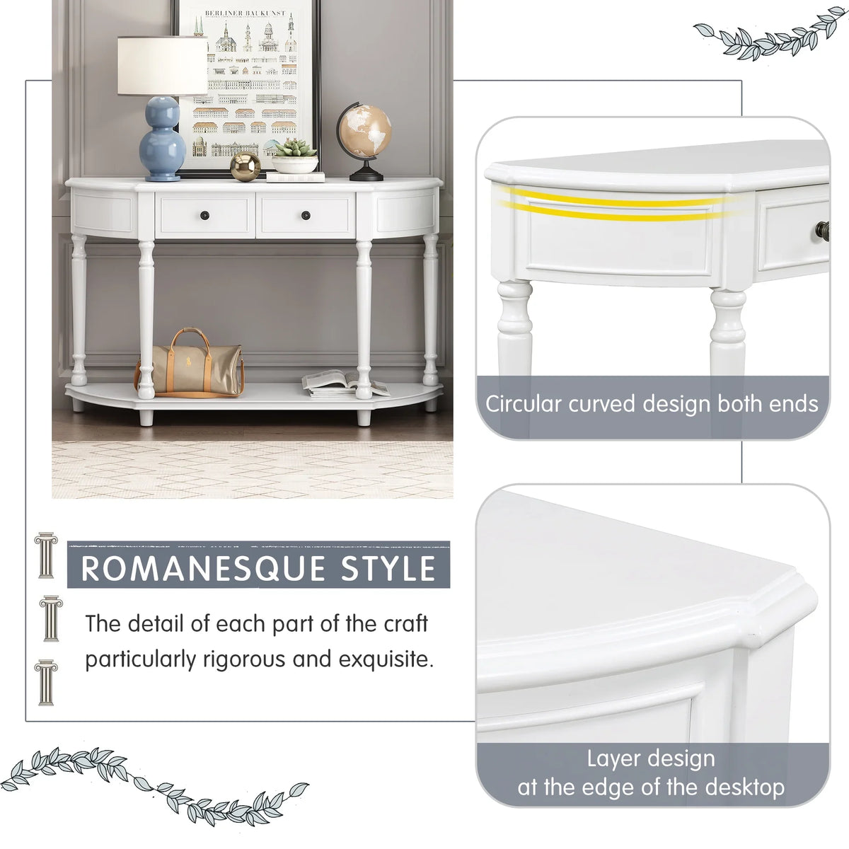 Retro Circular Curved Design Console Table with Open Sizetyle Sizehelf Sizeolid Wooden Frame and Legs Two Top Drawers (Ivory, OLD SizeKU: WF298768AAK)