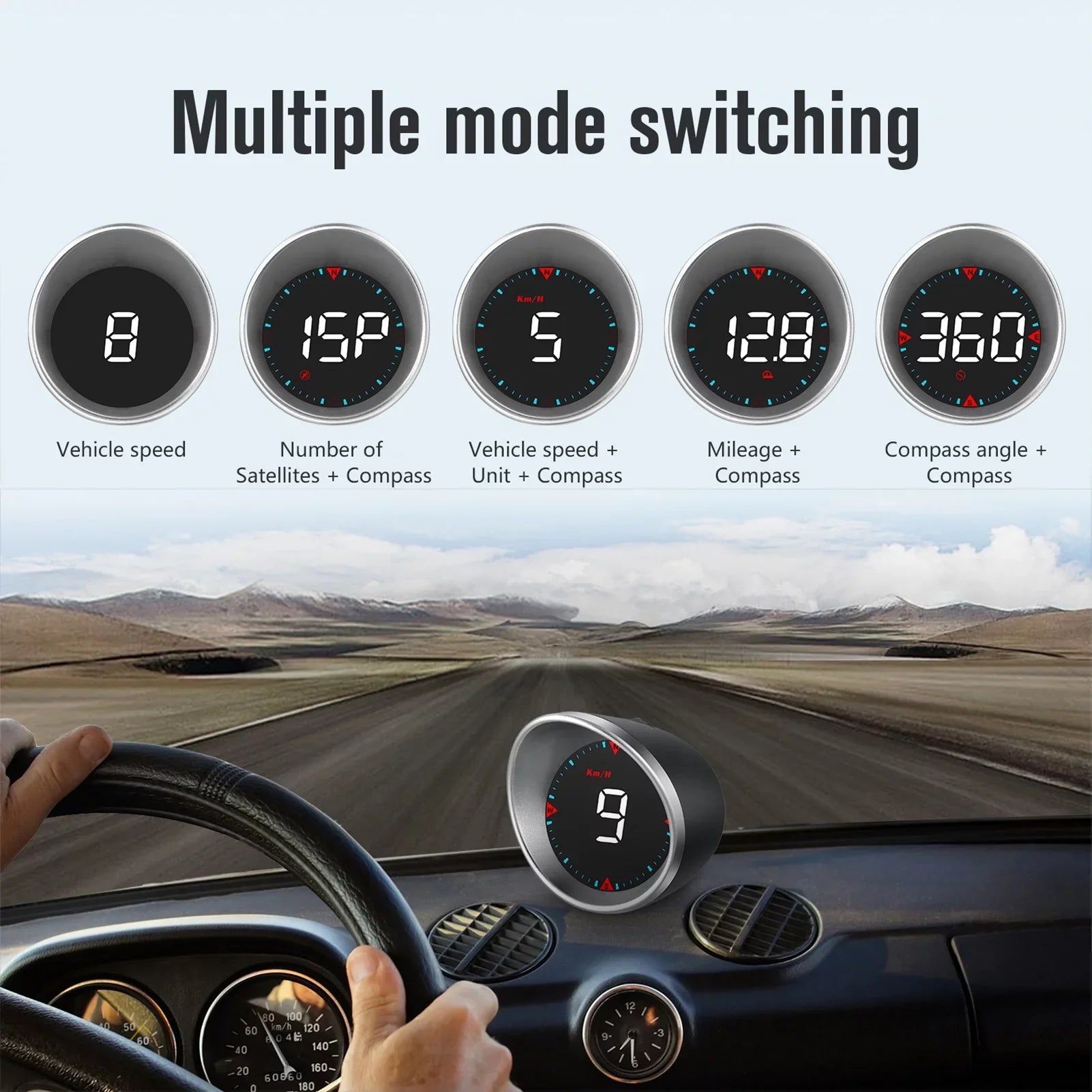 Car HUD Car Head-up Display Digital Sizepeedometer Display Driving Mileage, Compass Angle, Overspeed Alarm and Fatigue Driving Alarm