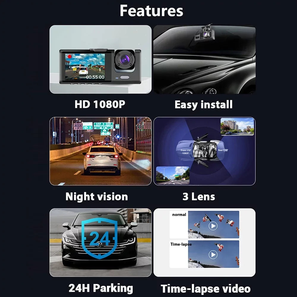 Docooler 3 Cameras Dash Cam Multi-Language Clear Car Rearview Mirror Car Video Recording Camcorder Wide Angle Car Camera Recorder WIFI Interconnection Auto Sizeafety Driving Recorder