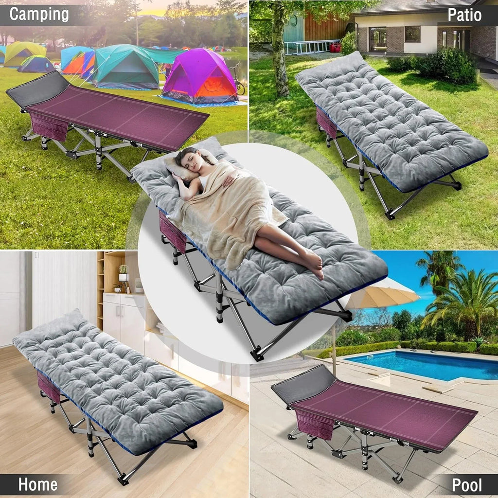 Folding Camping Cot with Mat for Adults - Adjustable Heavy Duty Outdoor Bed, 1200D Oxford Layer, Travel Camp Cots