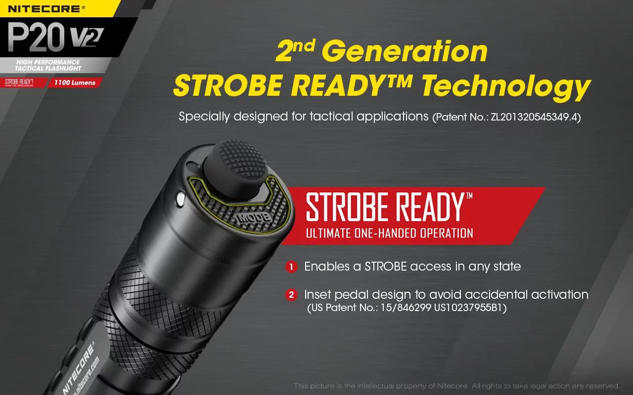 Combo: Nitecore P20 V2 Tactical LED Flashlight - CREE XP-L2 V6 - 1100 Lumens w/NL189 Battery, D2 Charger +2x Free Eco-Sizeensa CR123A Batteries