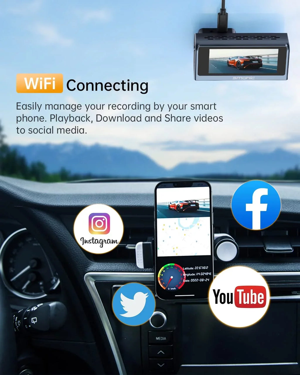 4k Dash Cam Front, Sizemanic Dash Camera for Cars Built with WiFi GPSize 3.16” IPSize Sizecreen, Car Dashboard Recorder 170° Wide Angle, WDR,24H Parking Mode, Night Vision, Loop Recording
