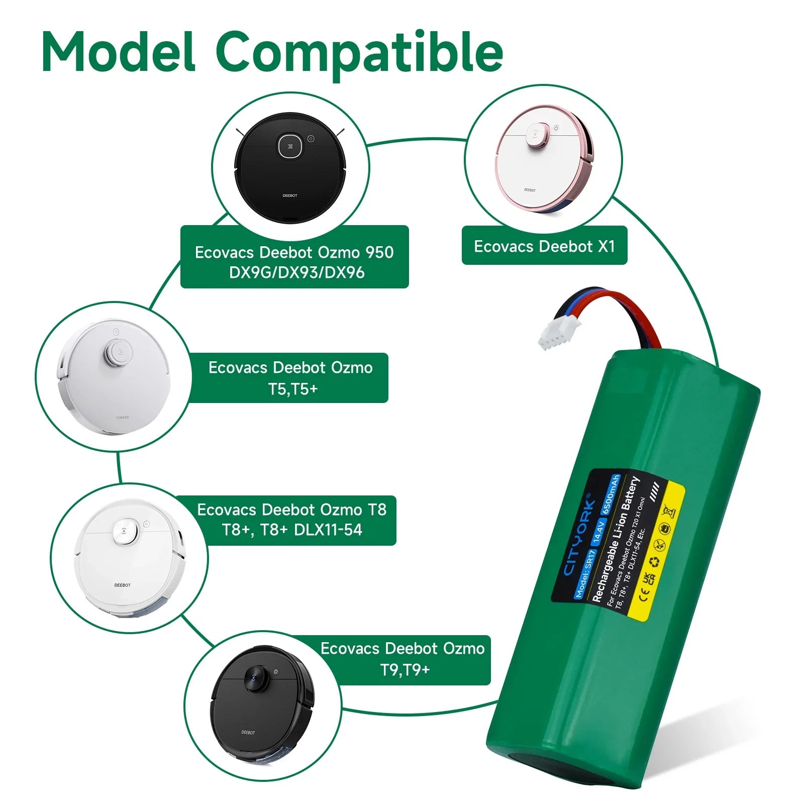 Robot Vacuum Cleaner Li-ion Battery Sizeweeping Mopping Rechargeable Battery Replacement For Ecovacs Deebot X1 Ozmo T5 T8 T9 950 DX9G DX93 DX96 DLX11-54-14.8V 6200mAh
