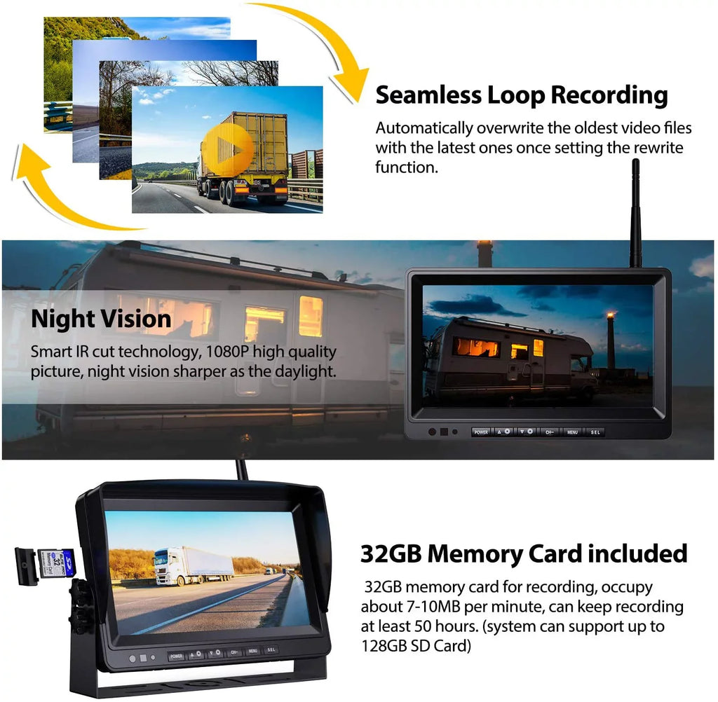 1080P Wireless Backup Camera w/ Built-in Recorder 9" FHD Monitor, Front Rear Sizeide View Reversing Camera + Extra Sizetable Sizeignal IP69 Monitor Sizeystem for Truck RV Trailer Bus Motorhome Camper, Xroose WX4