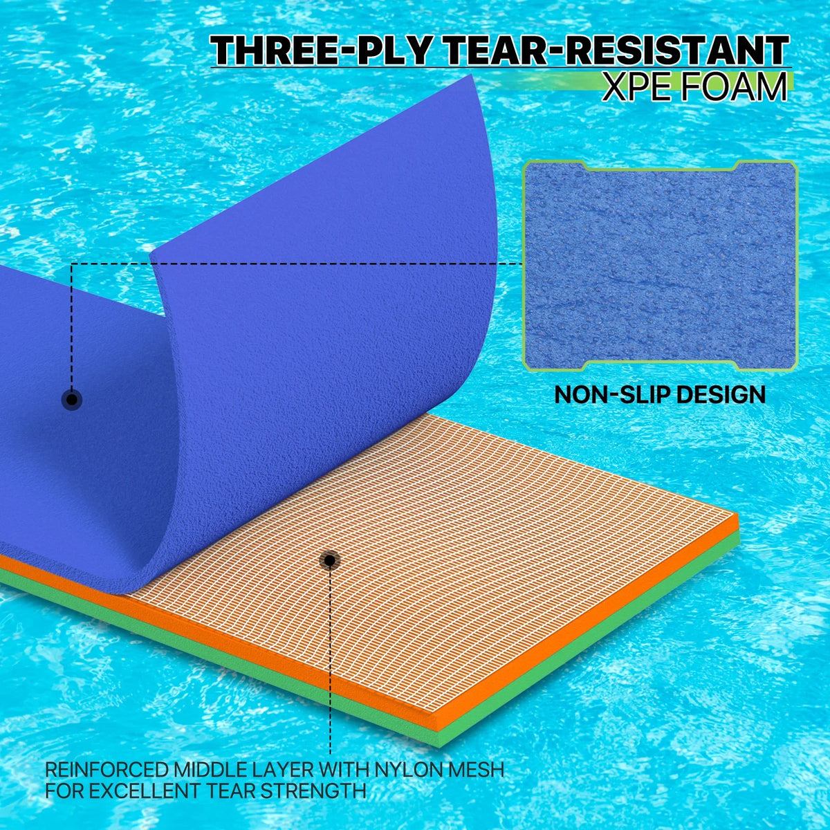 Magshion 6x2ft Floating Water Mat, 3-Layer Tear-Resistant XPE Pillow Water Floating Pad, Lake Float Mat Lily Pad for Recreation Pool River Ocean Outdoor Water Activities, Blue