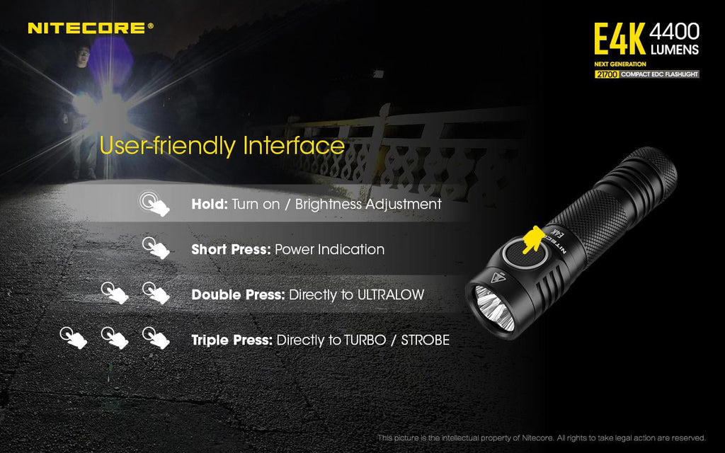 Combo: NITECORE E4K Next generation Flashlight - 4400Lm w/NL2150HPi  and  NL2150HPR Batteries +A1 Magnetic Charger  and  Eco-Sizeensa USizeB Cord