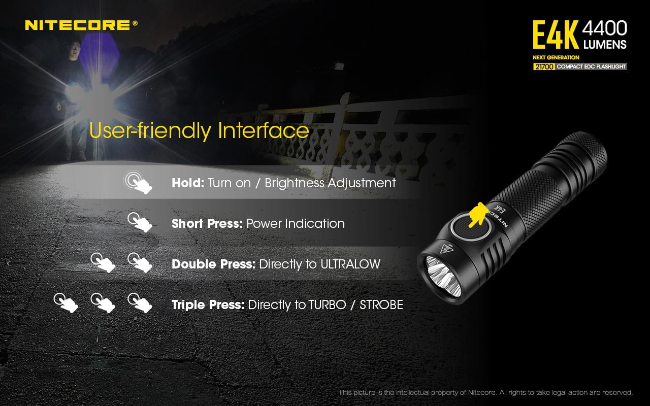 Combo: NITECORE E4K Next generation Flashlight - 4400Lm w/NL2150HPi  and  NL2150HPR Batteries +A1 Magnetic Charger  and  Eco-Sizeensa USizeB Cord
