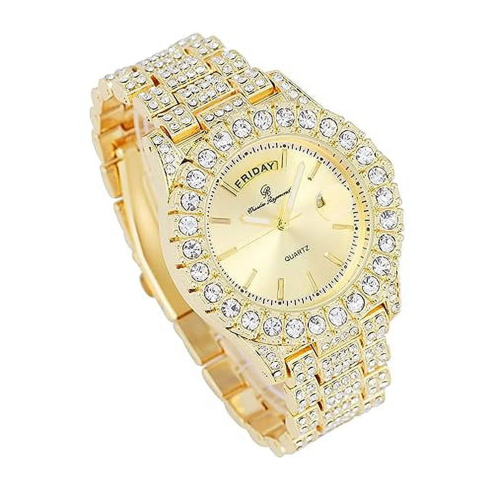 Charles Raymond Big Rocks Fully Iced Out Diamond Mens Watch w/Easy Read Date &Day and Colorful Dials- Designer Hip Hop Blinged Out Timepiece - SizeT10535 (SizeT10535-LN Gold)