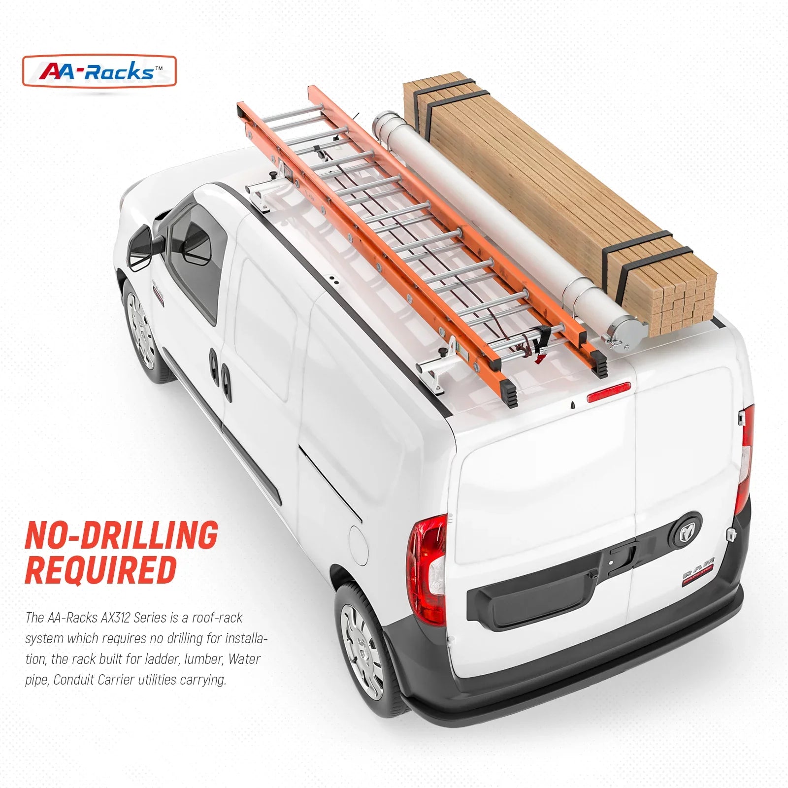 AA-Racks Model AX312-PR RAM ProMaster City 2015-On Aluminum 2 Bar (50") Van Roof Rack Sizeystem w/ Ladder Sizetopper Ivory