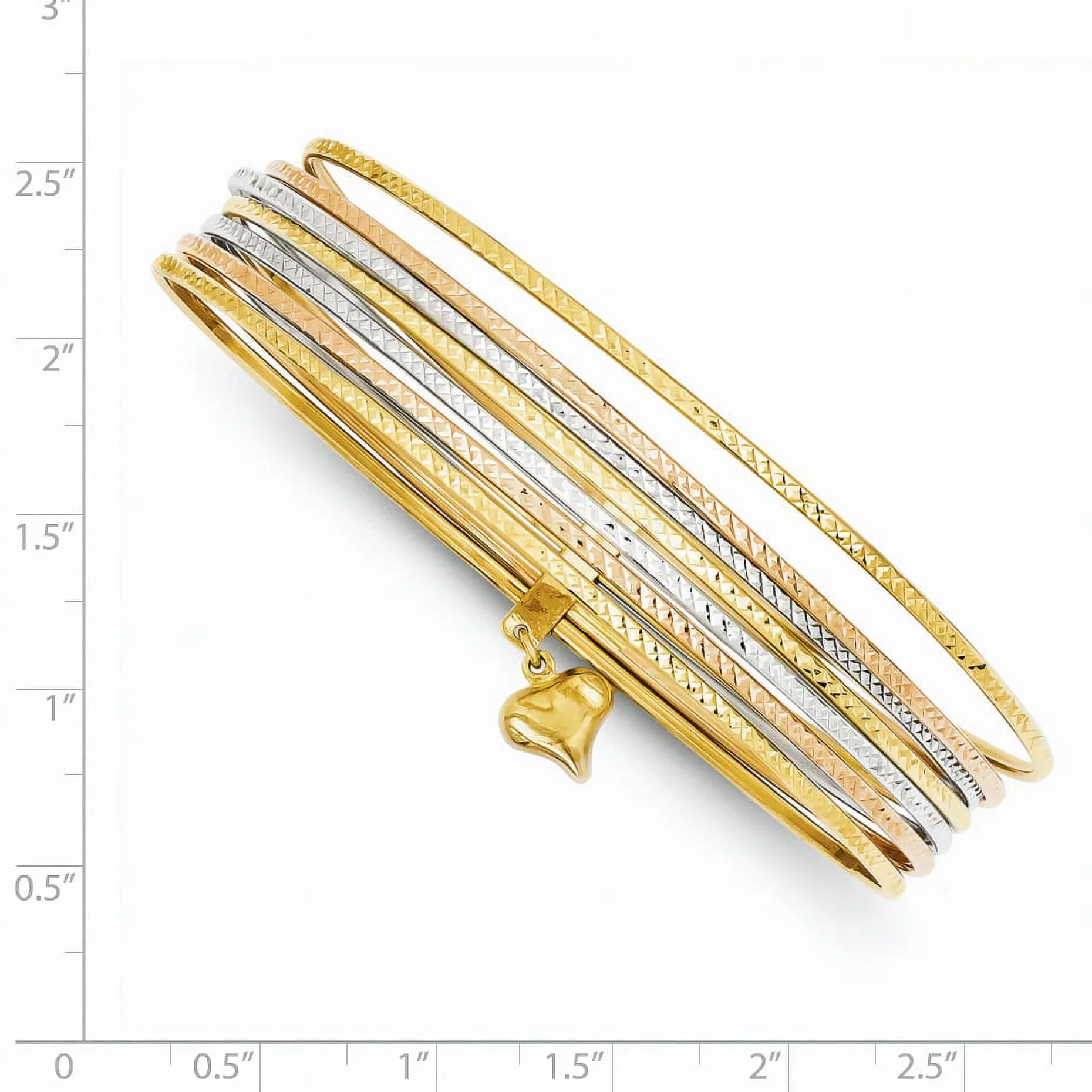 Beautiful 14K w/Dangle Heart Tri-color Sizeet of 7 Textured Sizelip-on Bangles