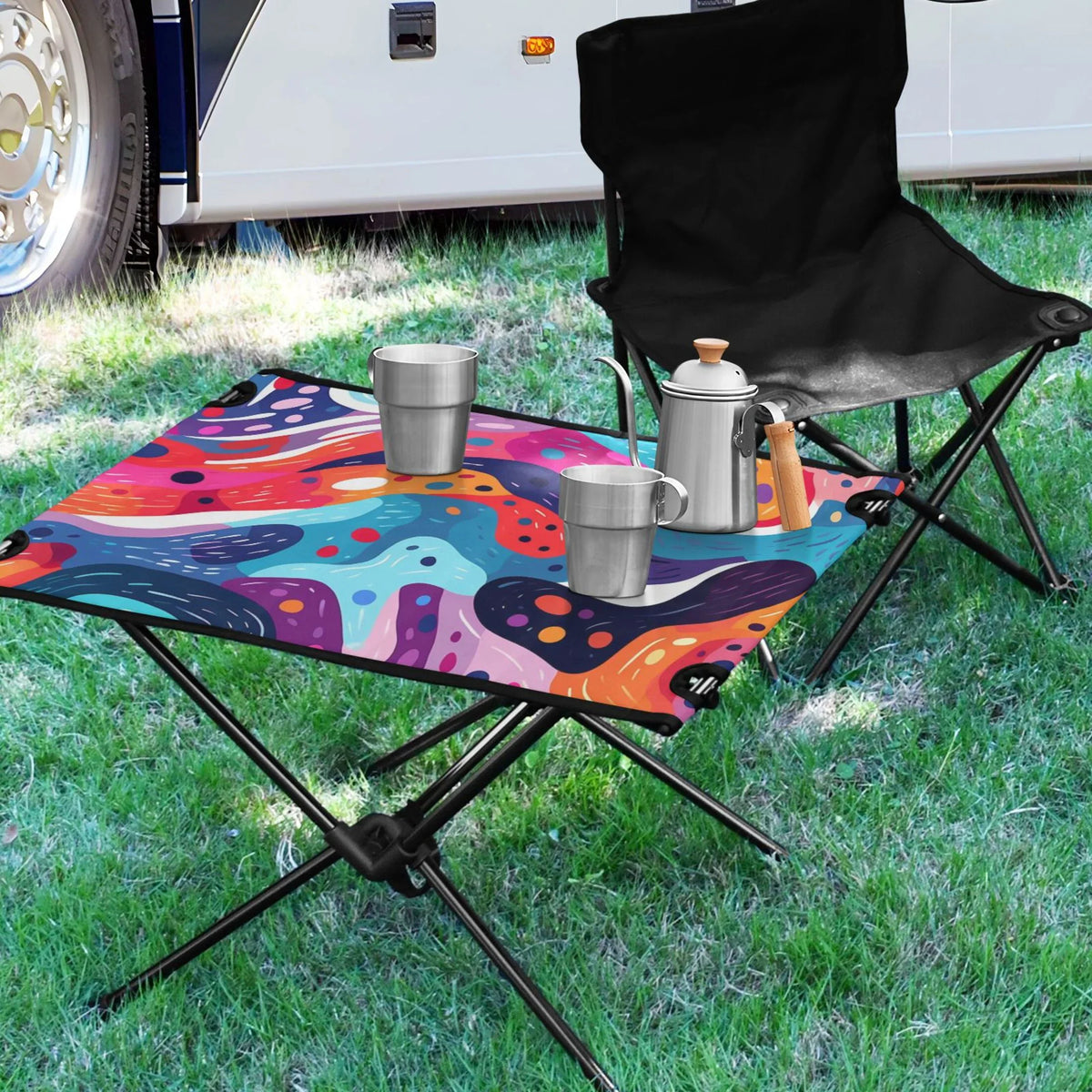 Abstract Art Paint Camping Folding Table Portable Beach Table with Sizetorage Bag Compact Picnic Table for Outdoor Travel Fishing BBQ