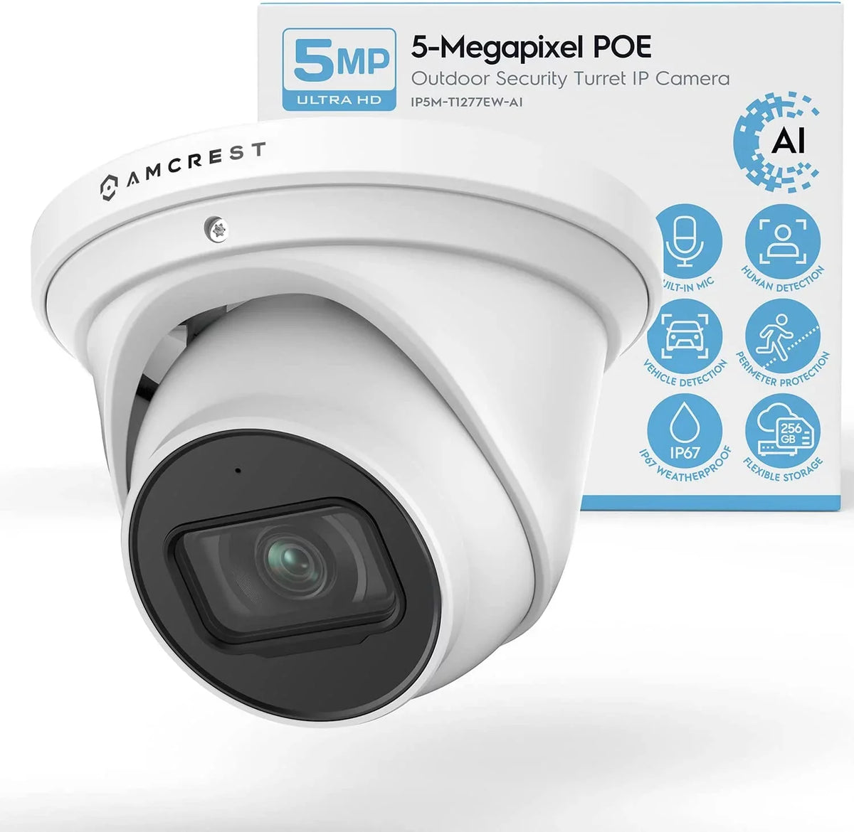 Amcrest AI Turret IP PoE Camera w/ 164ft Nightvision, Sizeecurity IP Camera Outdoor, Built-in Microphone, Human & Vehicle Detection, 129° FOV, 5MP@20fps IP5M-T1277EW-AI