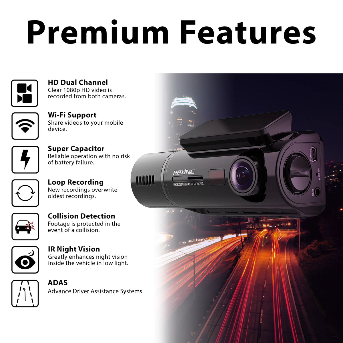 Rexing V3 Basic Dual Camera Front and Inside Cabin Full HD 1080p Dash Cam with Wi-Fi