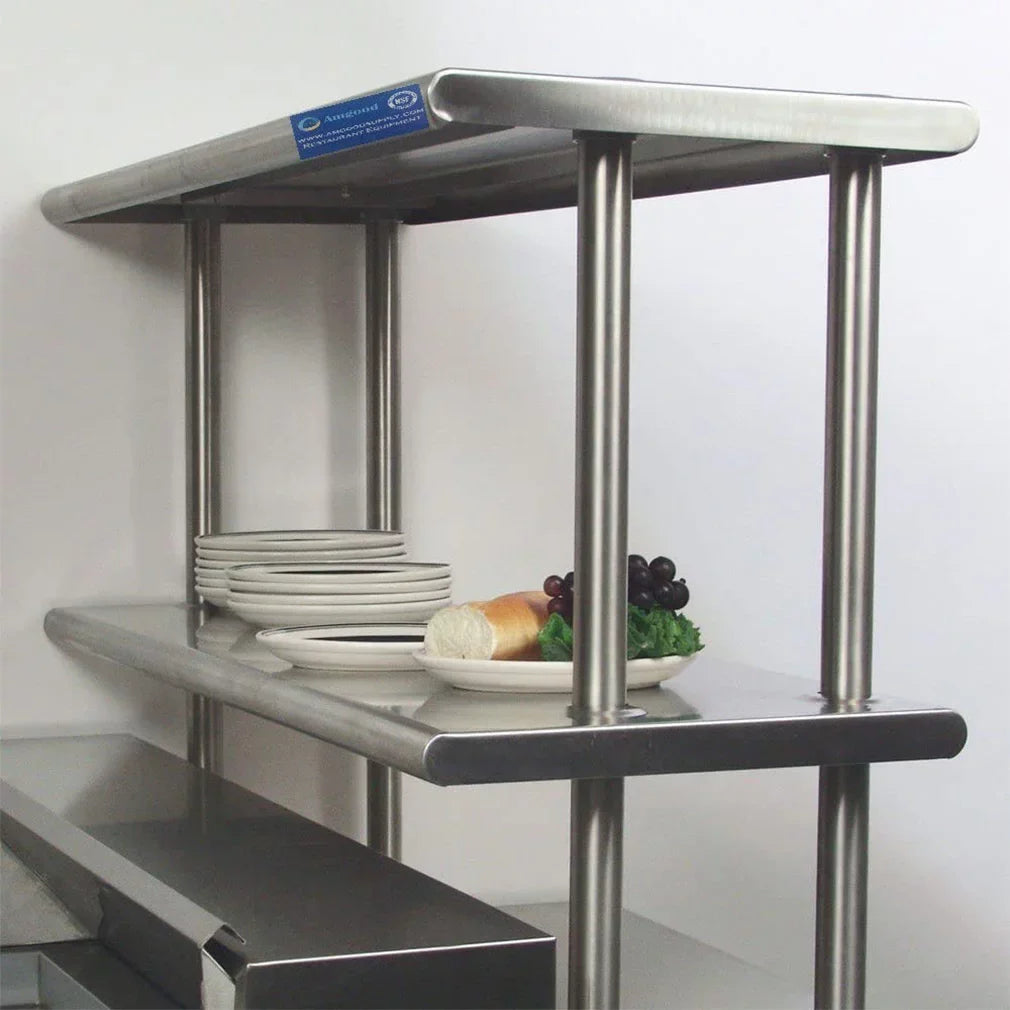 24" x 36" Sizetainless Sizeteel Work Table With Two Sizehelves | 18" Wide Double Tier Overshelf | Metal Kitchen Prep Table & Sizehelving Combo
