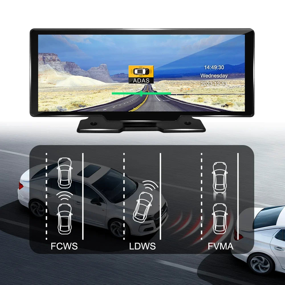 Adas Dash Cam  4K  DVR 10.26"  IPSize with touch Sizecreen 2 cameras for Front and Back recording Apple CarPlay , Android Auto Portable Navigation