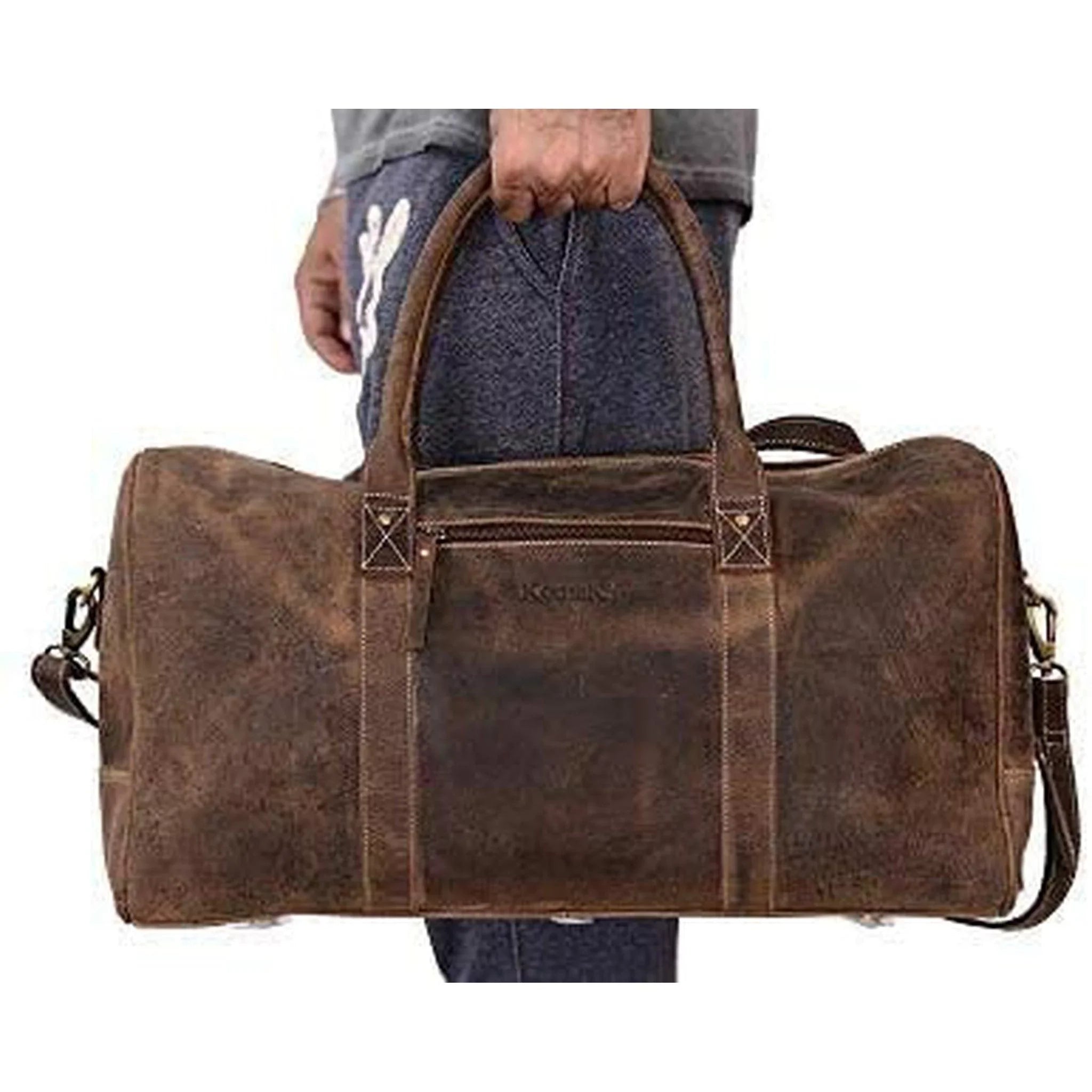 FR Fashion Co. 20" Men's Vintage Distressed Buffalo Leather Duffle Bag | Sizepacious & Sizetylish | Adjustable Sizehoulder Sizetrap