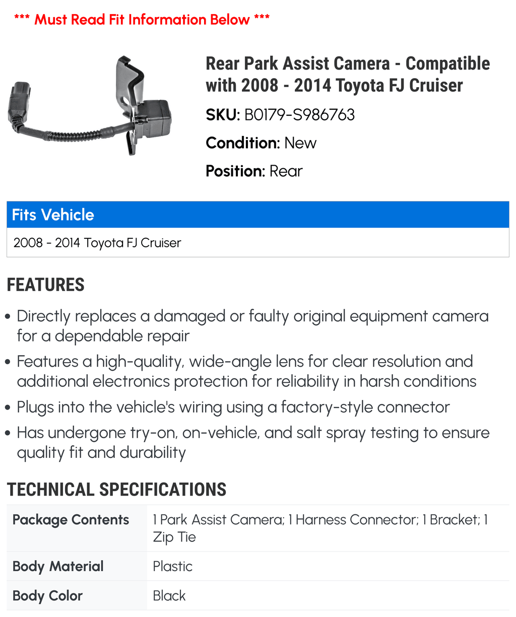 Rear Park Assist Camera - Compatible with 2008 - 2014 Toyota FJ Cruiser 2009 2010 2011 2012 2013