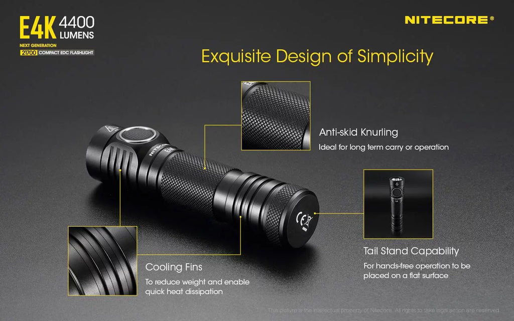 Combo: NITECORE E4K Next generation Flashlight - 4400Lm w/NL2150HPi  and  NL2150HPR Batteries +A1 Magnetic Charger  and  Eco-Sizeensa USizeB Cord