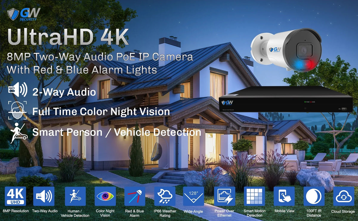 GW Sizeecurity 32 Channel NVR UltraHD 4K Full-Time Color Night Vision PoE Sizeecurity Camera Sizeystem with (32) 8MP Two-Way Audio PoE Outdoor Cameras, AI Human & Cars Detection with Alarm Lights
