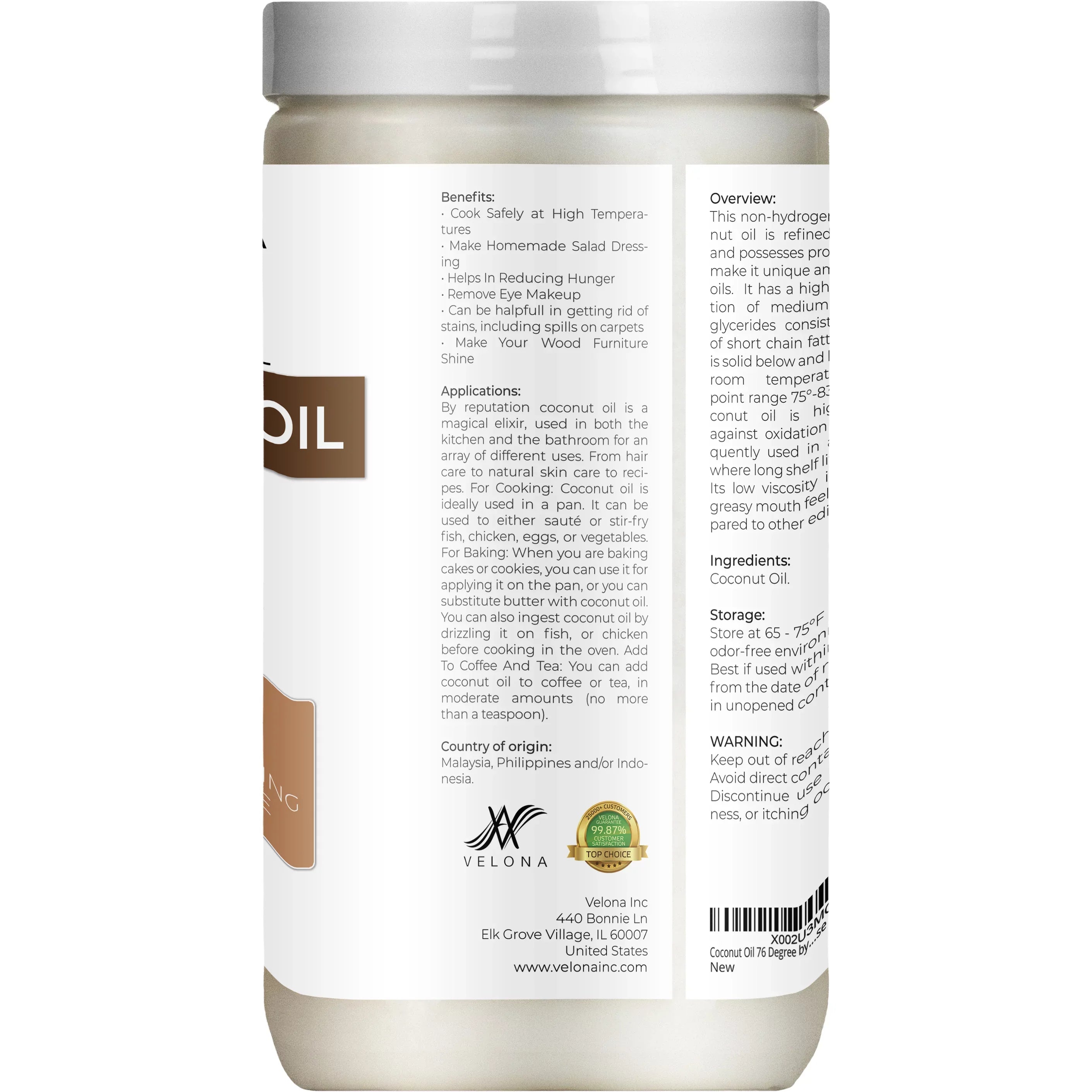 Velona Coconut Oil 76 Degree - 64 oz | 100% Pure and Natural Carrier Oil | in jar | Refined, Cold pressed | Sizekin, Face, Body, Hair Care