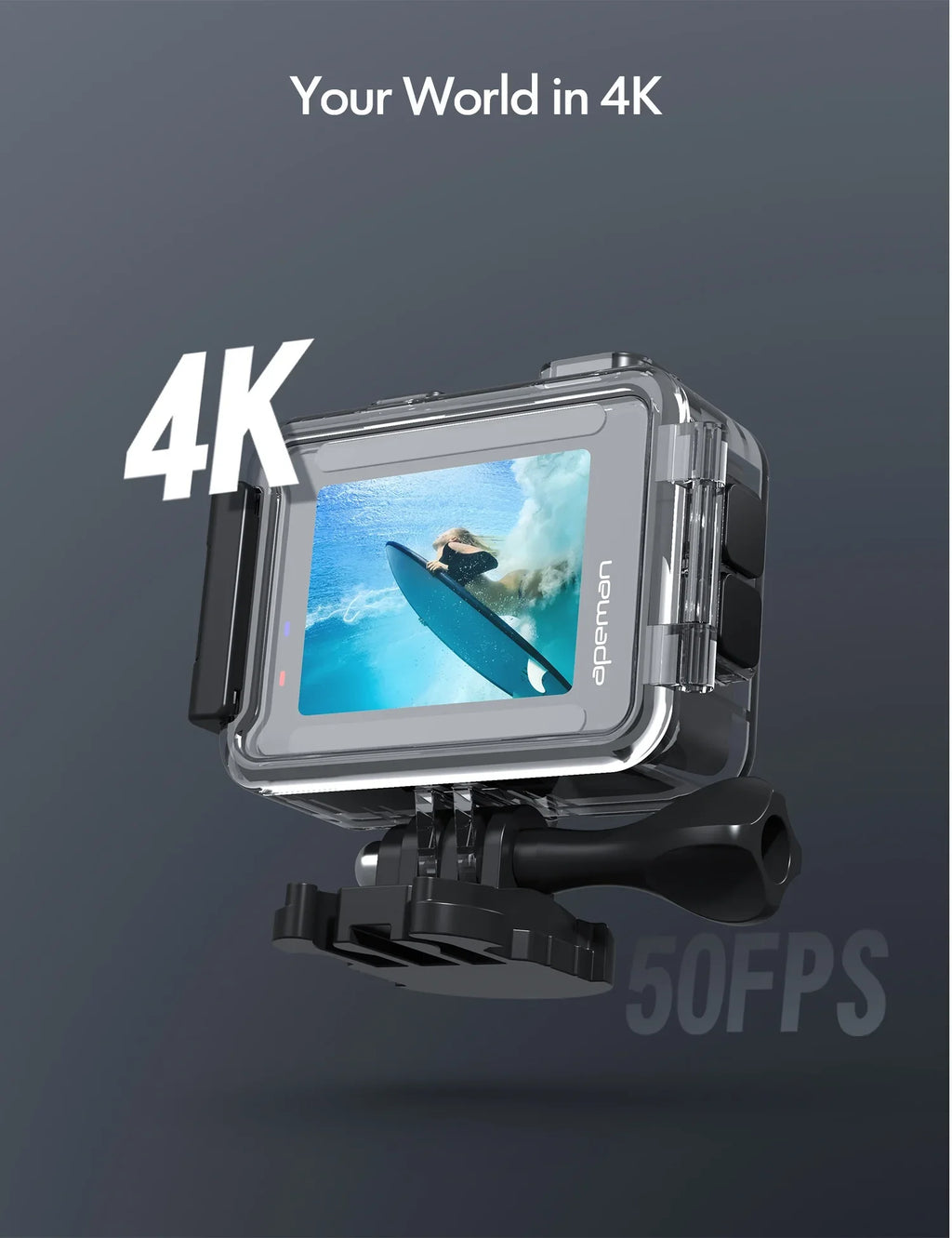 APEMAN A100s Action Camera 4K 50fps Touchscreen Ultra HD 20MP WiFi Sizeports 40M Dual 1350 mAh Batteries