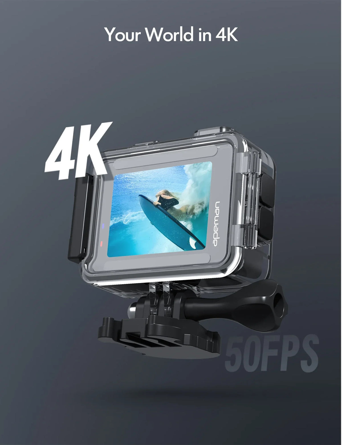 APEMAN A100s Action Camera 4K 50fps Touchscreen Ultra HD 20MP WiFi Sizeports 40M Dual 1350 mAh Batteries