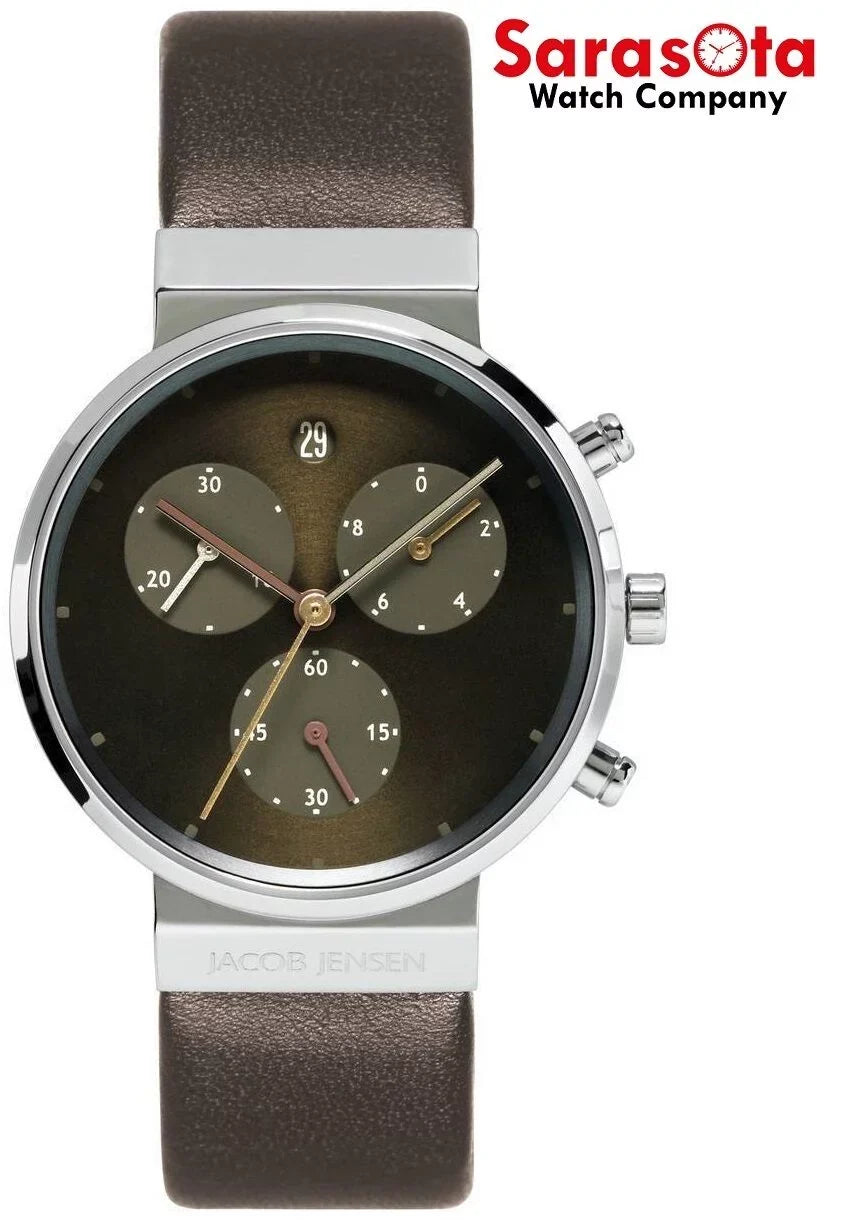 Jacob Jensen 614 Brown Dial Chronograph Titanium Black Leather Women's Watch