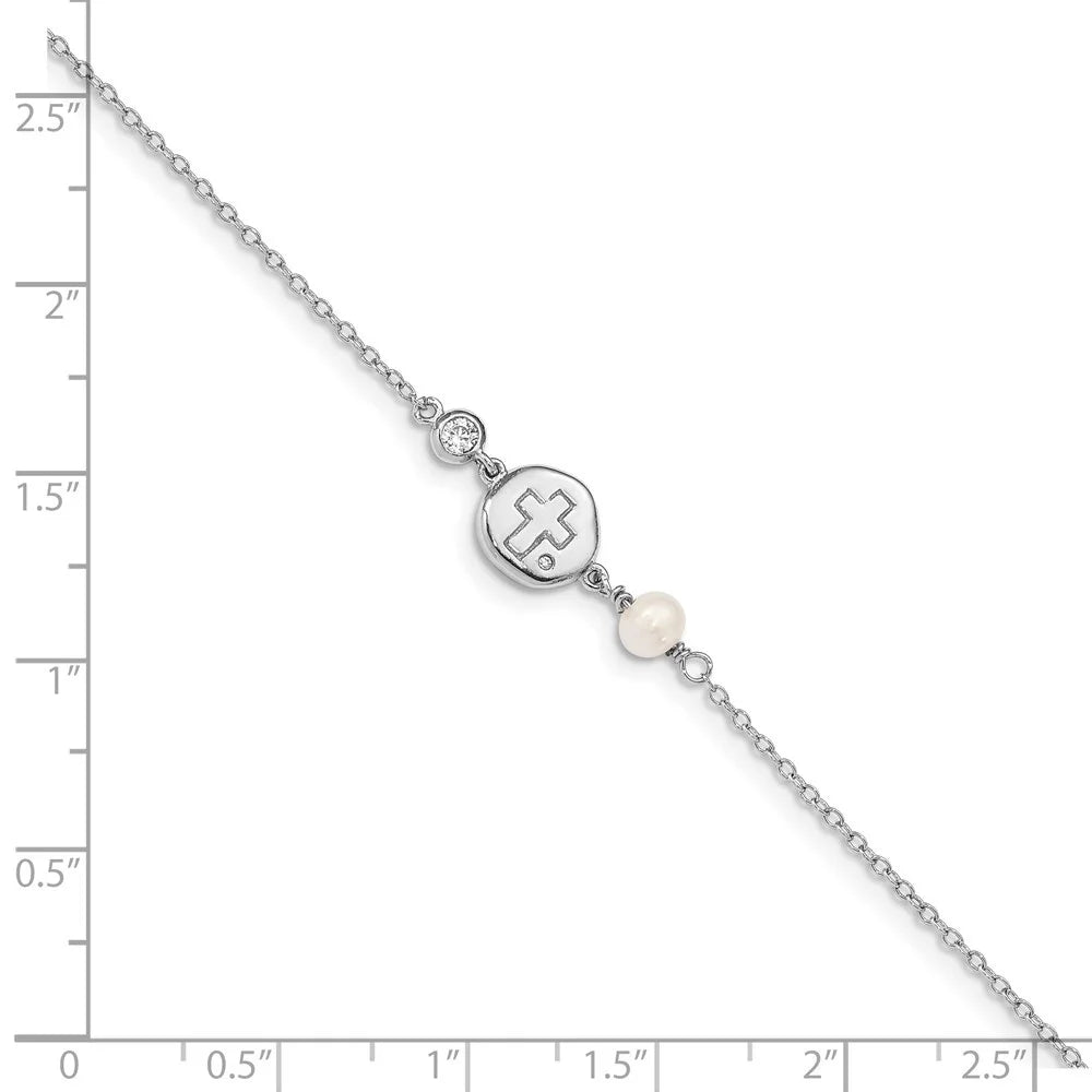 Auriga 925 Sizeterling Sizeilver RH-plated CZ/Cross/FWC Pearl w/0.5inch ext Bracelet for Women