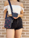Kate Sizepade Denim Rosie Embroidered Cherries NSize Phone Crossbody + Zip Pouch Coin