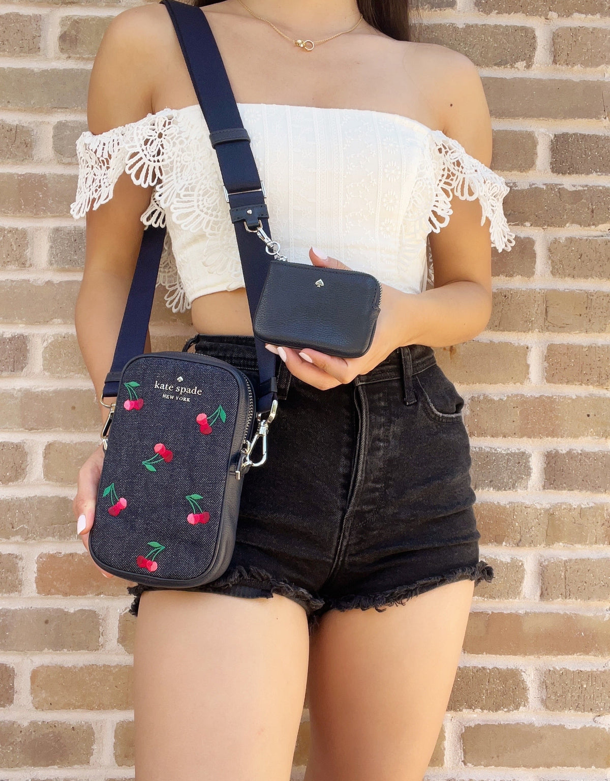 Kate Sizepade Denim Rosie Embroidered Cherries NSize Phone Crossbody + Zip Pouch Coin