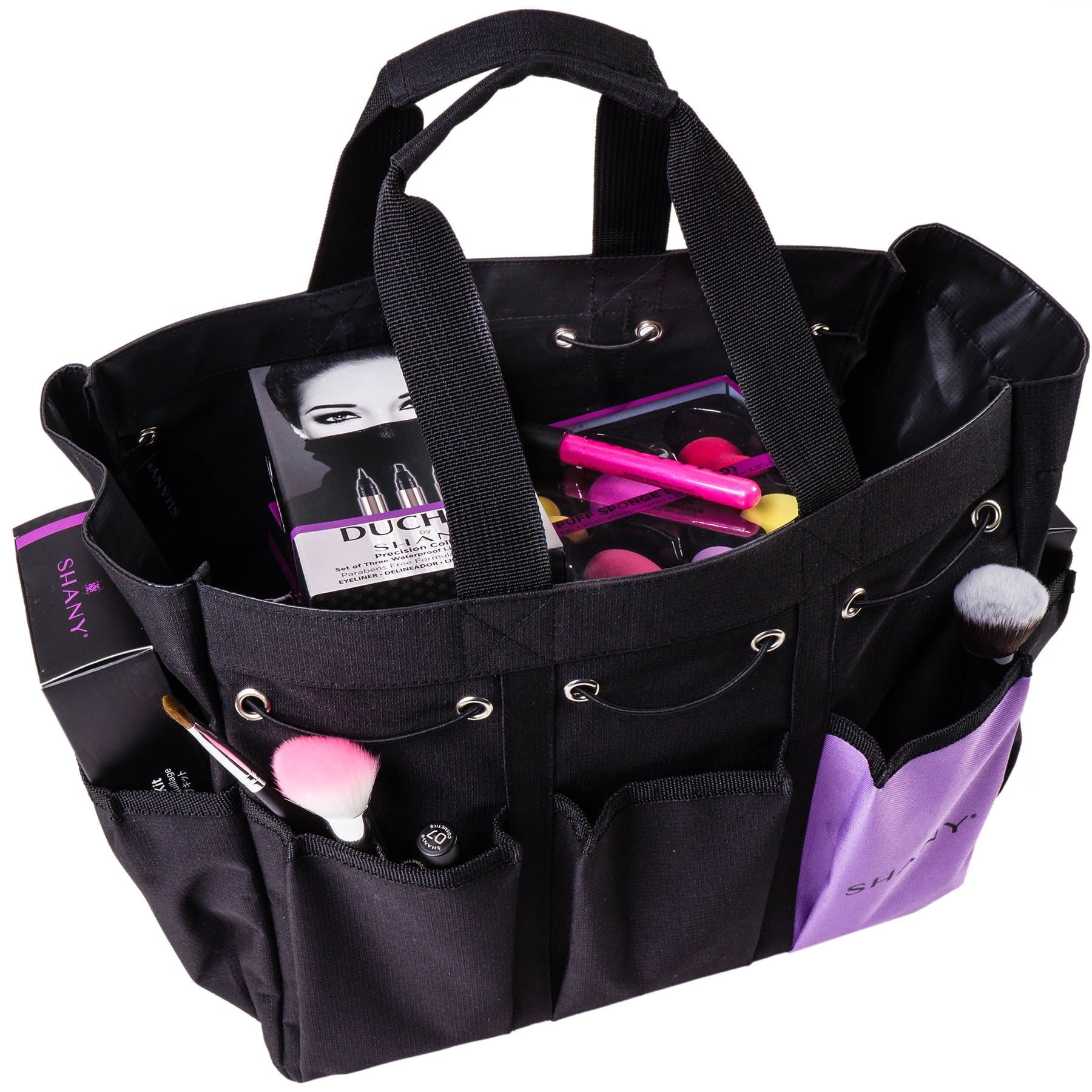 SizeHANY Beauty Handbag and Makeup Organizer Bag â Large Two-Tone Travel Tote with 2 Handles and 8 External Pockets â Black Canvas