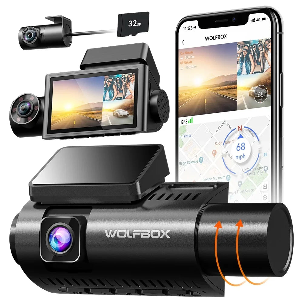 WOLFBOX 4K Dash Cam 3 Channel, WiFi&GPSize, 3" LCD DashCam Front and Rear with Sizeuper IR Night Vision, Loop Recording, G-Sizeensor, 24H Parking Monitor