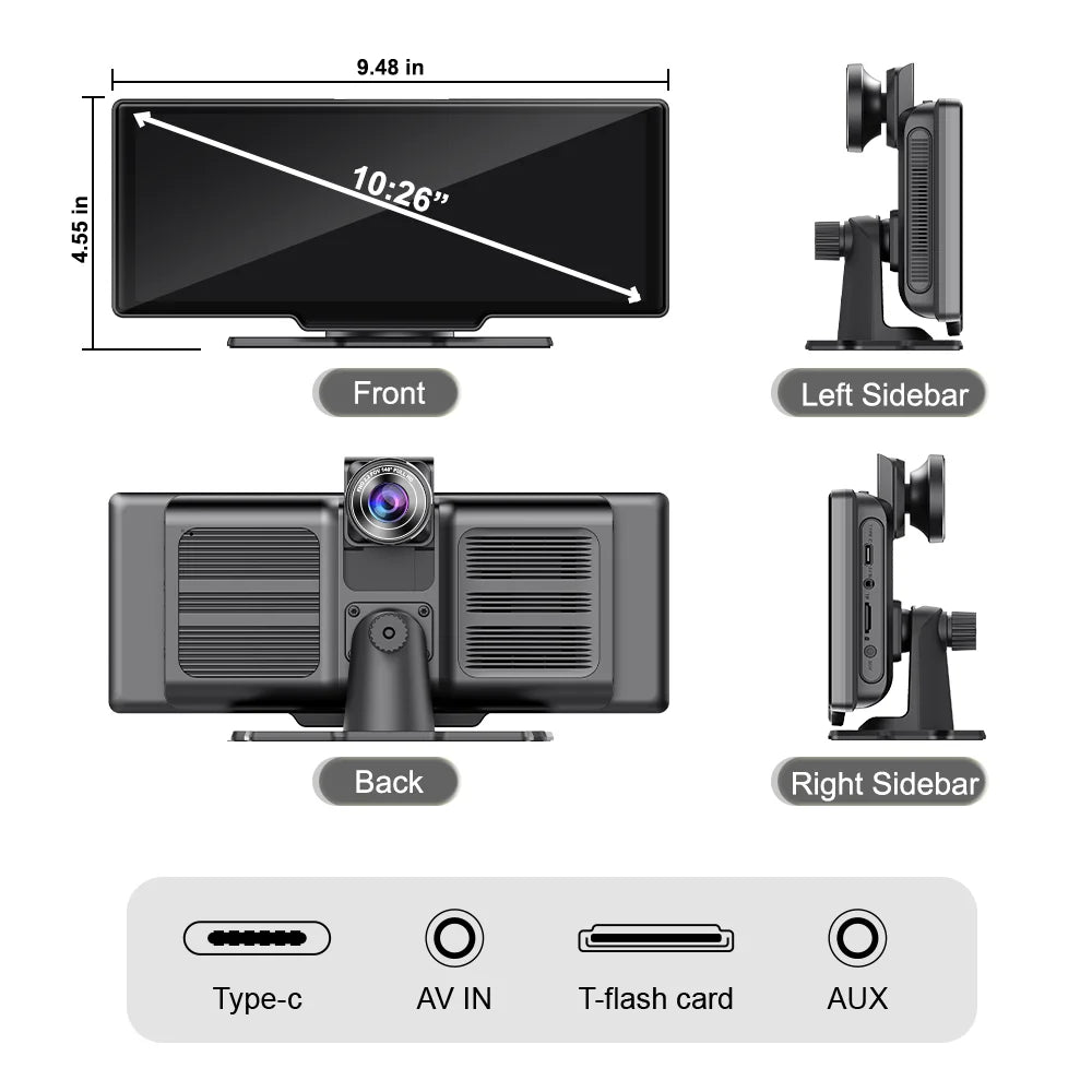 Adas Dash Cam  4K  DVR 10.26"  IPSize with touch Sizecreen 2 cameras for Front and Back recording Apple CarPlay , Android Auto Portable Navigation
