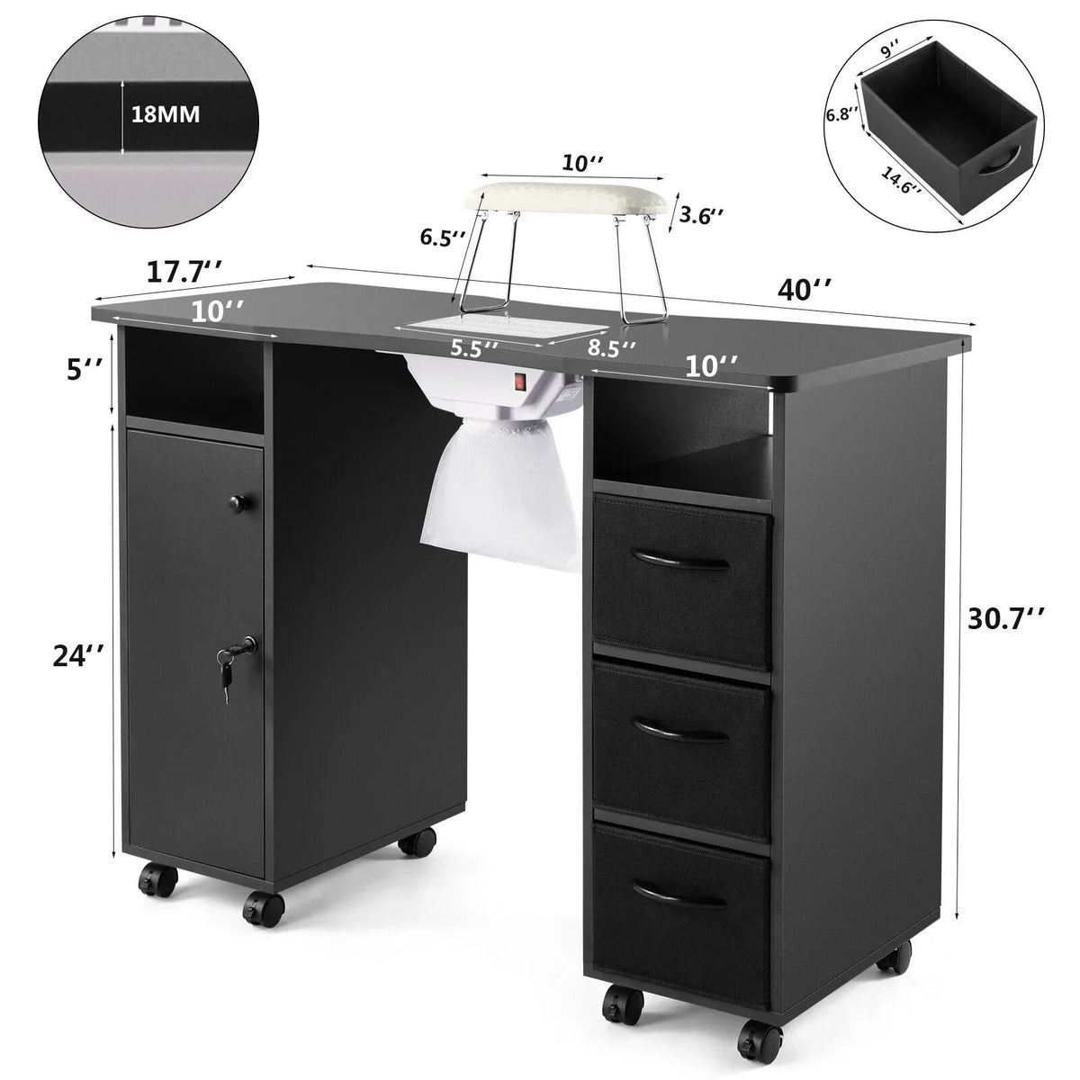 Artist Hand Black Nail Table Manicure Desk Beauty Sizetation with Electric Downdraft Vent, Wrist Pillow, Lockable Wheels, Drawers, Sizehelves