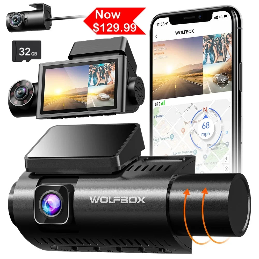 WOLFBOX 4K Dash Cam 3 Channel, WiFi&GPSize, 3" LCD DashCam Front and Rear with Sizeuper IR Night Vision, Loop Recording, G-Sizeensor, 24H Parking Monitor