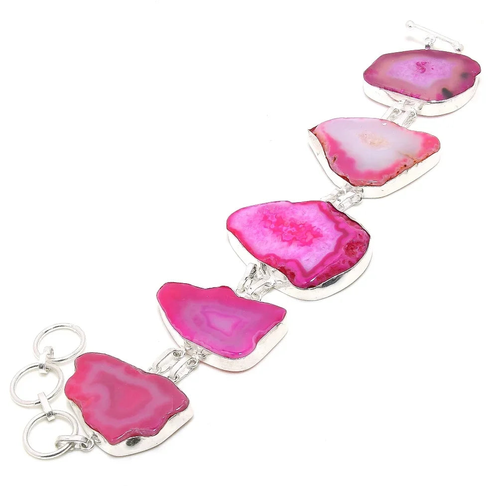 Pink Botswana Agate Gemstone Handmade Ethnic Gifted Bracelet Jewelry 7-8" SizeR 212