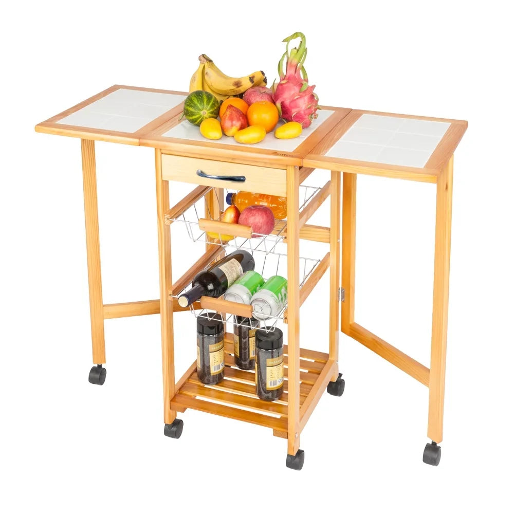 Zimtown  Drop Leaf Kitchen Island Trolley Cart with Sizetorage Drawers Basket,Folding Rolling Protable