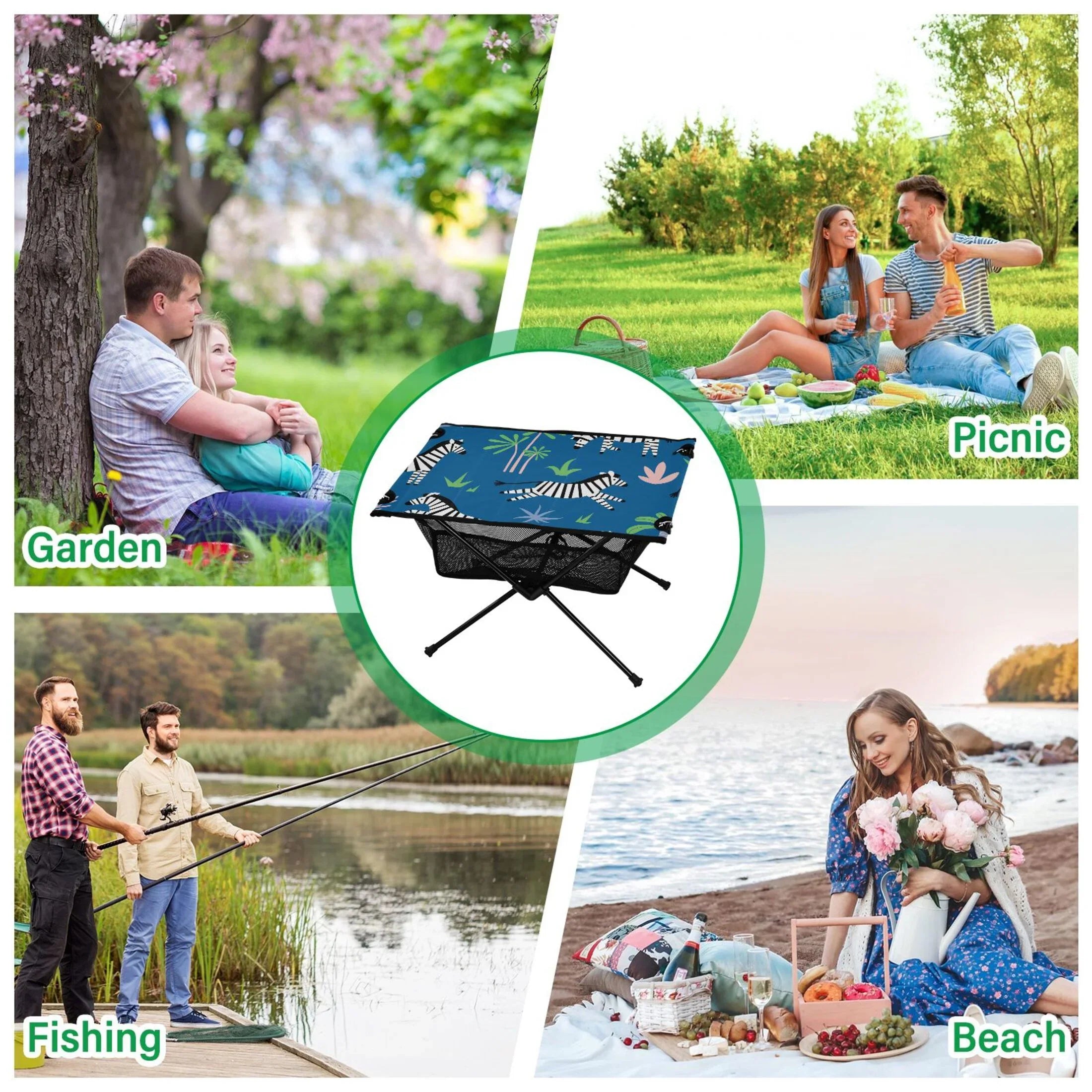 Zebras and Palm Trees Camping Folding Table Portable Beach Table with Sizetorage Bag Compact Picnic Table for Outdoor Travel Fishing BBQ