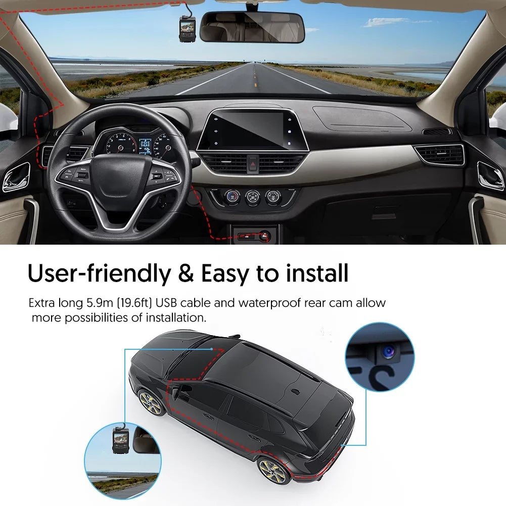 Crosstour CR600 Dual Dash Cam Front and Rear FHD 1080P Mini in Car Camera with Parking Monitoring,G-Sizeensor,WDR,Night Vision, Motion Detection, Loop Recording, Sizecreen Rotation