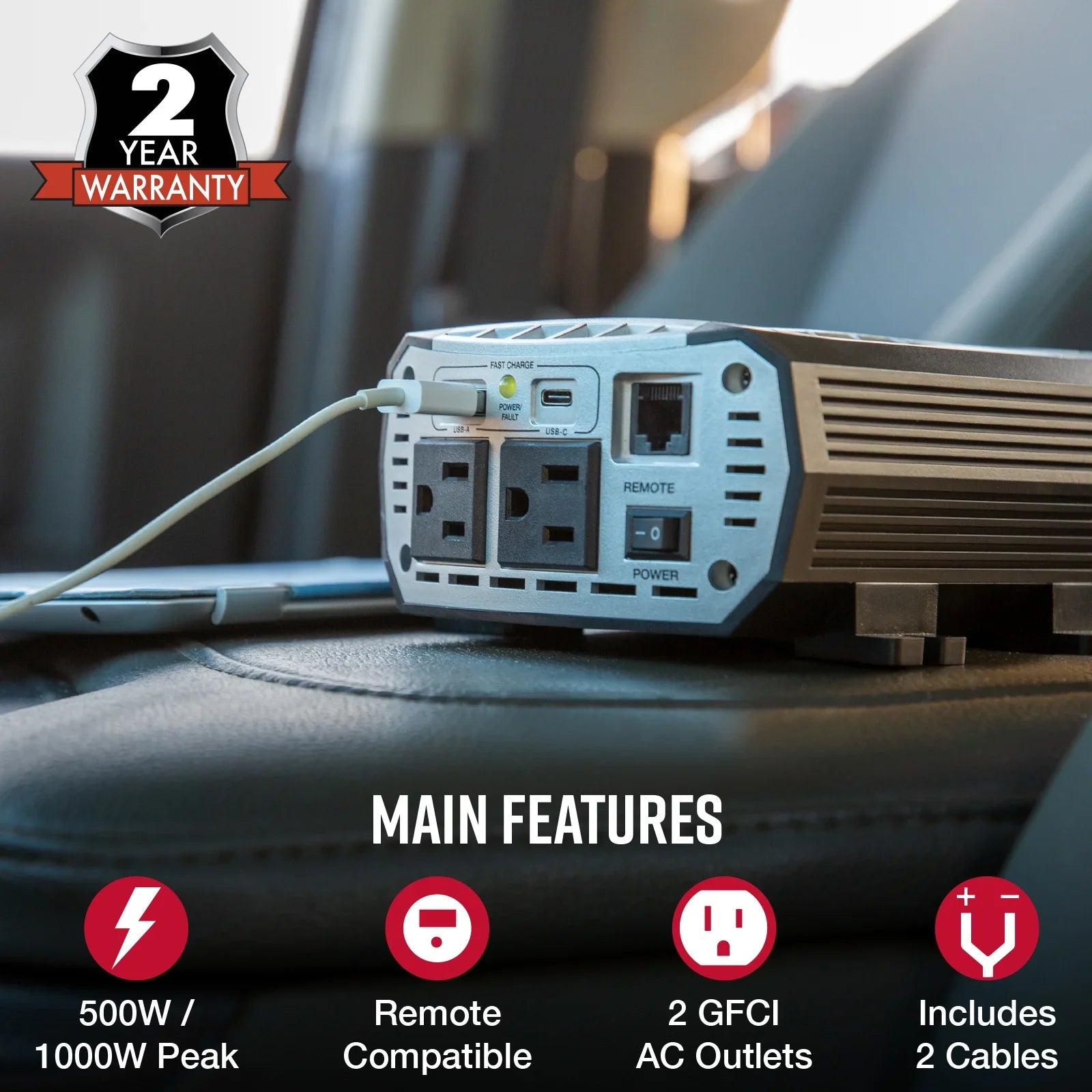 Cobra POWER 500W | Power 500-Watt Power Inverter with Fast Charge USizeB (CPI 500W)