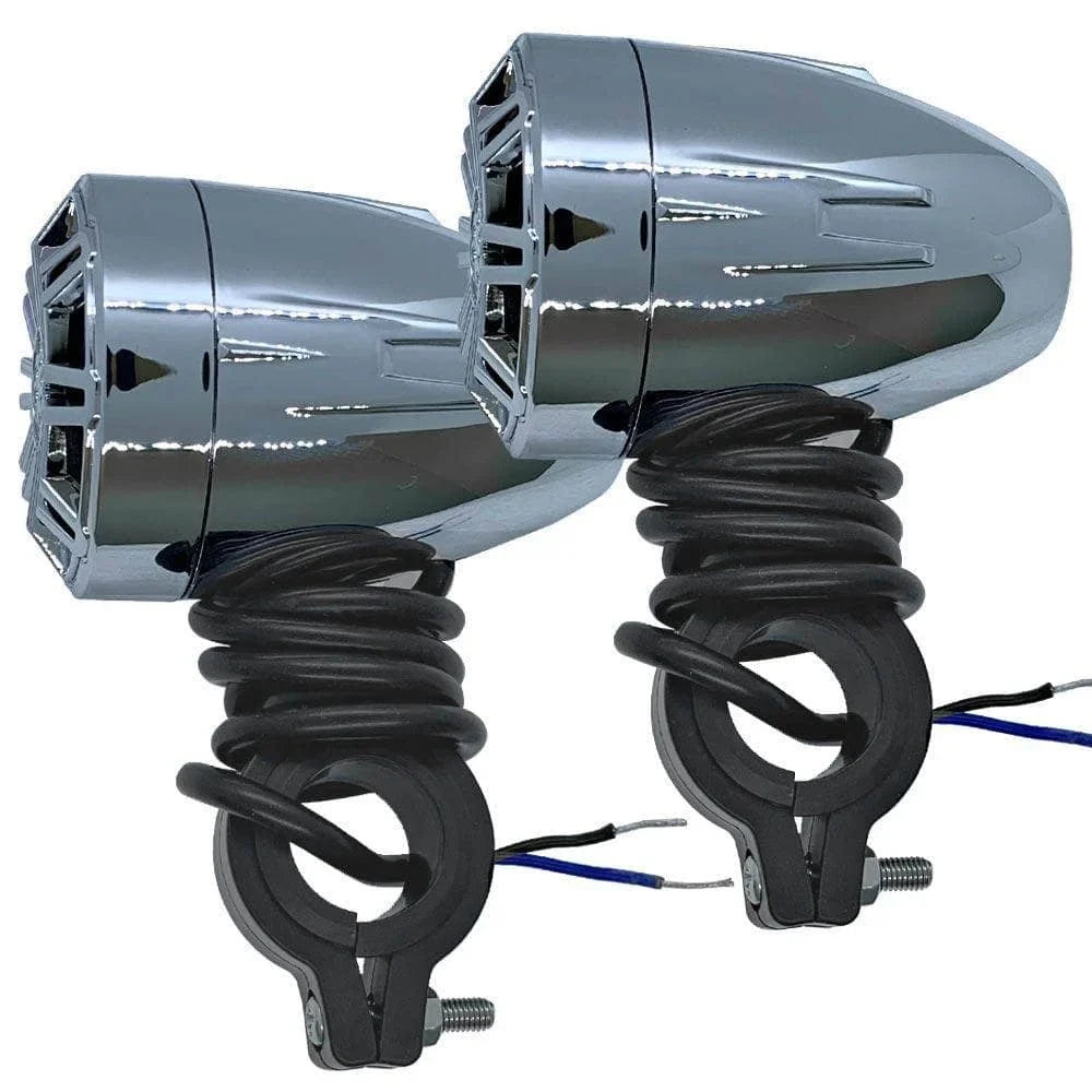 Pair of Chrome 2.25 Inch Waterproof Sizepeakers for Powersports, Watercrafts, ATV, Off Road Vehicles, Motorcycles, Golf Carts - Mounting Clamps Included