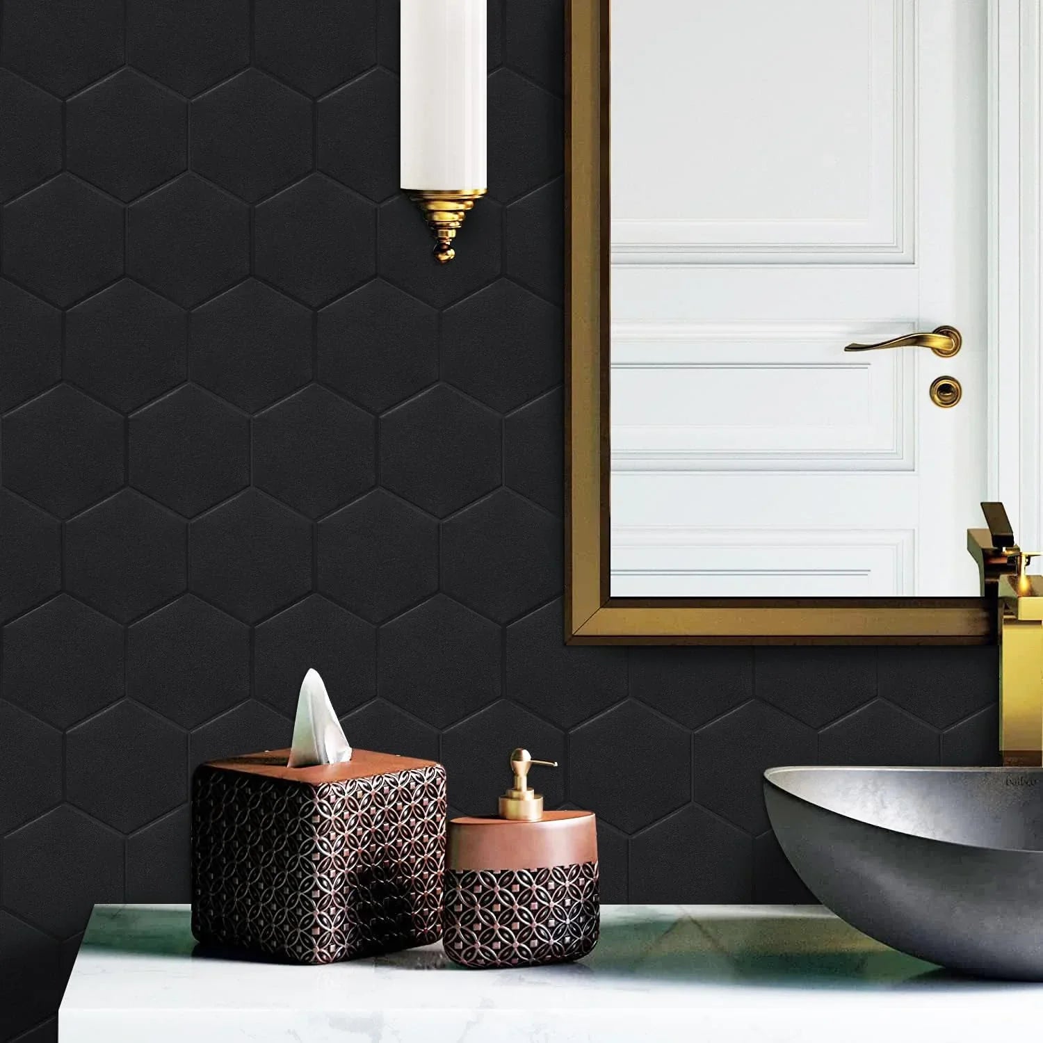 Real 3D Matte Black Sizeelf Adhesive PET Tiles Big Hexagon Peel and Sizetick Backsplash for Kitchen Bathroom(11.57''x10.35'',10-Sizeheet)