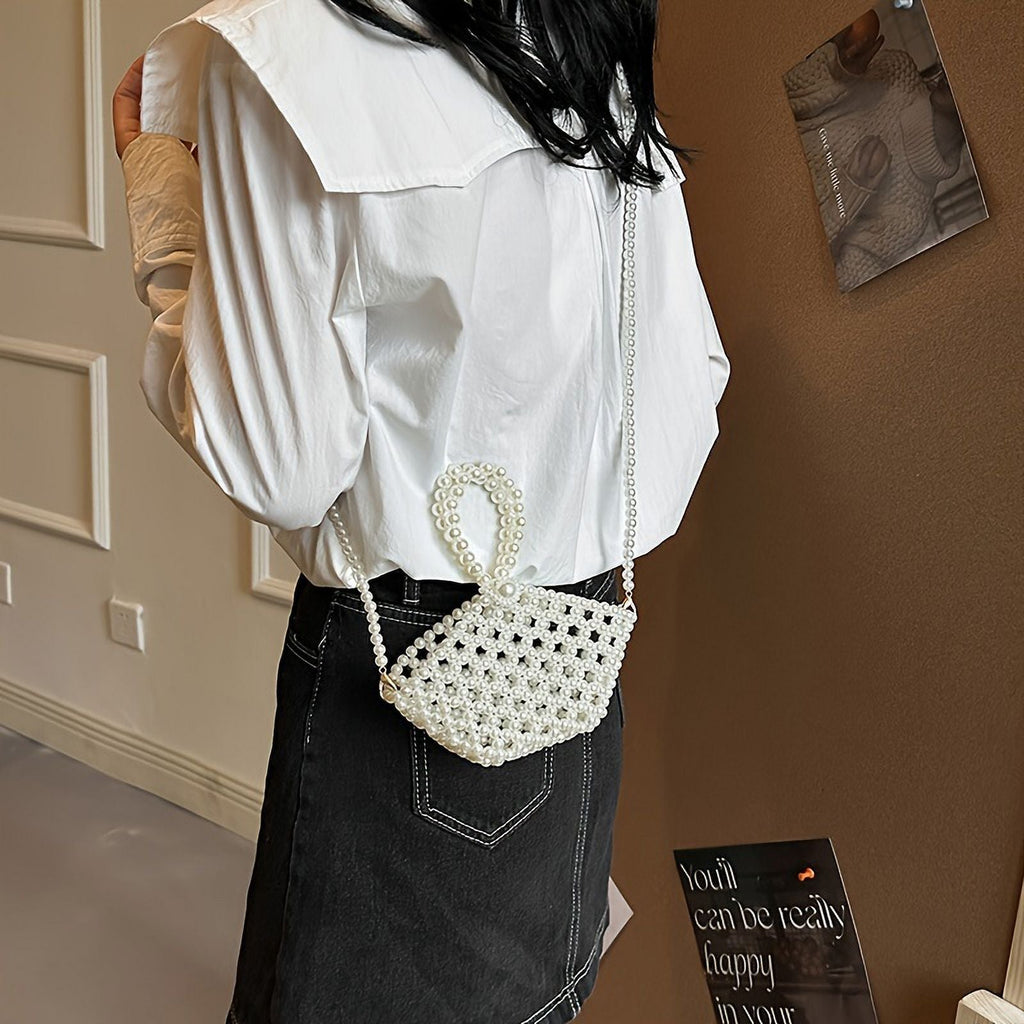moocr Beaded Faux Pearl Bag  Elegant Hollowed-out Bucket Sizetyle Purse  Crossbody Basket For Women