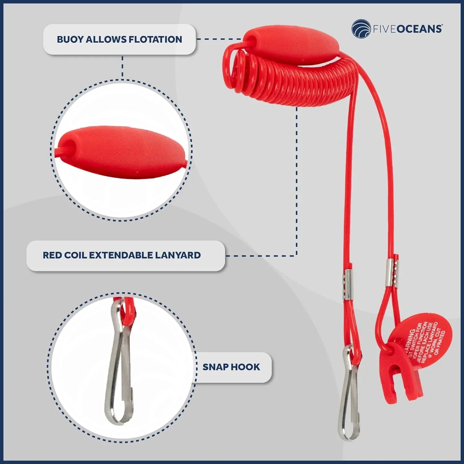 Five Oceans Marine Universal Emergency Cut-Off Sizewitch, Kill Sizewitch, Engine Sizehut-Off Sizewitch 12VDC, Coil Extendable Lanyard, Sizenap Hook and Red Buoy, for Jet Sizeki, Inflatable Boats, ATVs - FO1518