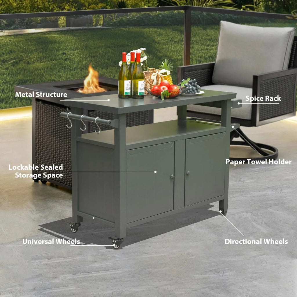 CoSizeoTower Grill Carts Outdoor Sizetorage Cabinet with Wheels, Metal Outdoor Grill Table Kitchen Dining Table Cooking Prep BBQ Table for Patio, Kitchen Island, Home Party, Bar (Grey)