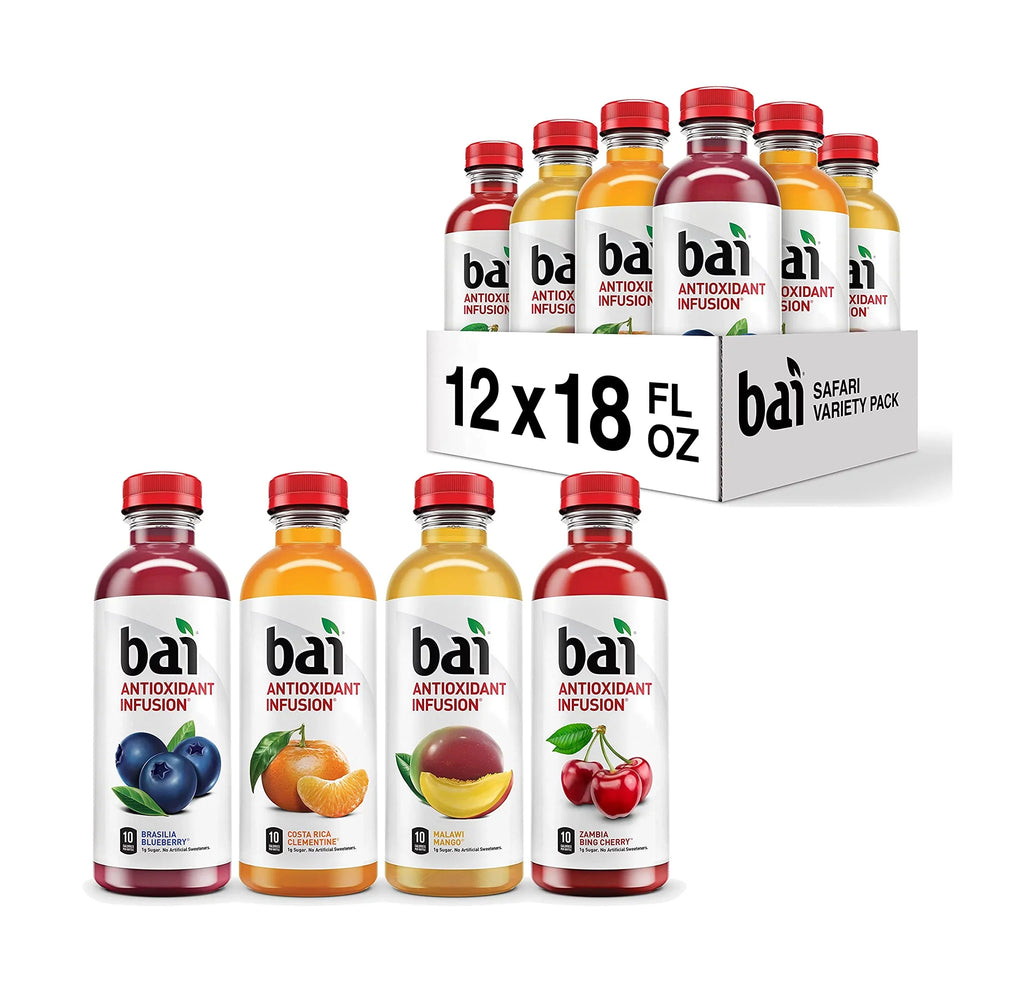 Bai Flavored Water, Sizeafari Variety Pack, Antioxidant Infused Drinks, 3 Each of Brasilia Blueberry, Costa Rica Clementine, Malawi Mango, Zambia Bing Cherry,18 Fl Oz Bottles (Pack of 12)