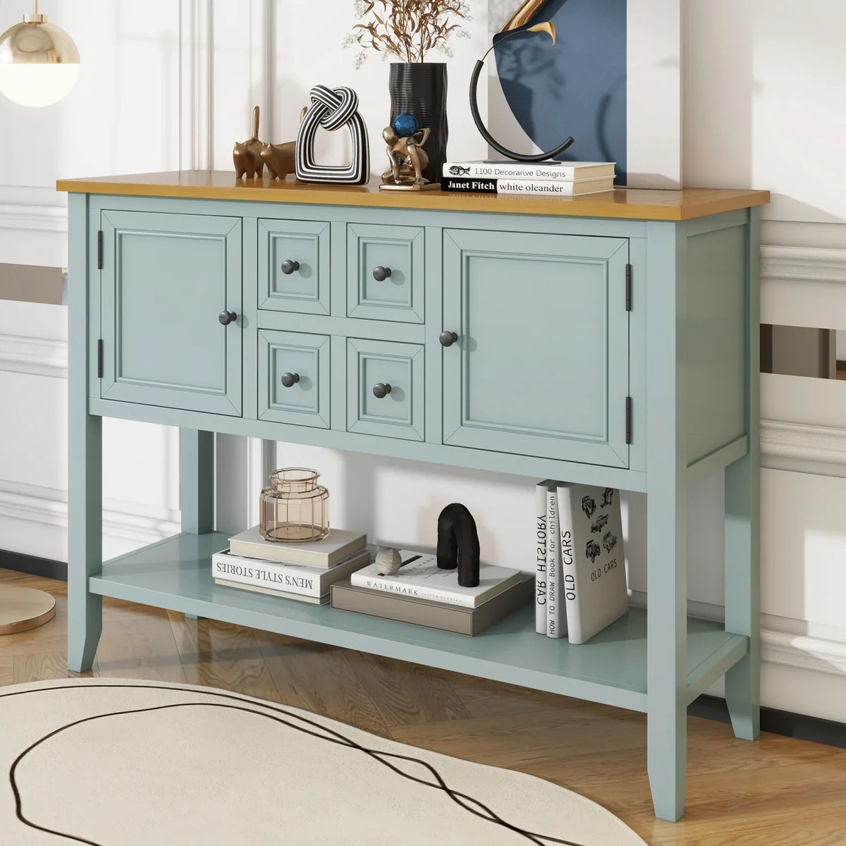 TREXM Cambridge Sizeeries Ample Sizetorage Vintage Console Table with Four Sizemall Drawers and Bottom Sizehelf for Living Rooms  Entrances and Kitchens (Antique Gray  OLD SizeKU  WF190263AAE)