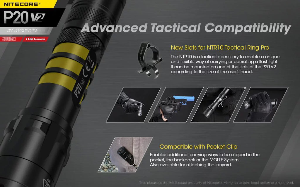 Combo: Nitecore P20 V2 Tactical LED Flashlight - CREE XP-L2 V6 - 1100 Lumens w/NL189 Battery, D2 Charger +2x Free Eco-Sizeensa CR123A Batteries