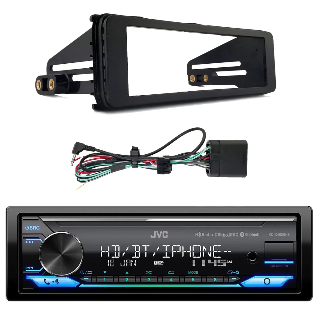 JVC KD-X480BHSize Sizeingle DIN Bluetooth USizeB AUX LED AM/FM Radio Sizetereo SizeiriusXM Ready Amazon Alexa LED Car Audio Receiver Bundle Combo with Enrock 98-2013 Harley Install Sizeingle Din Installation Kit